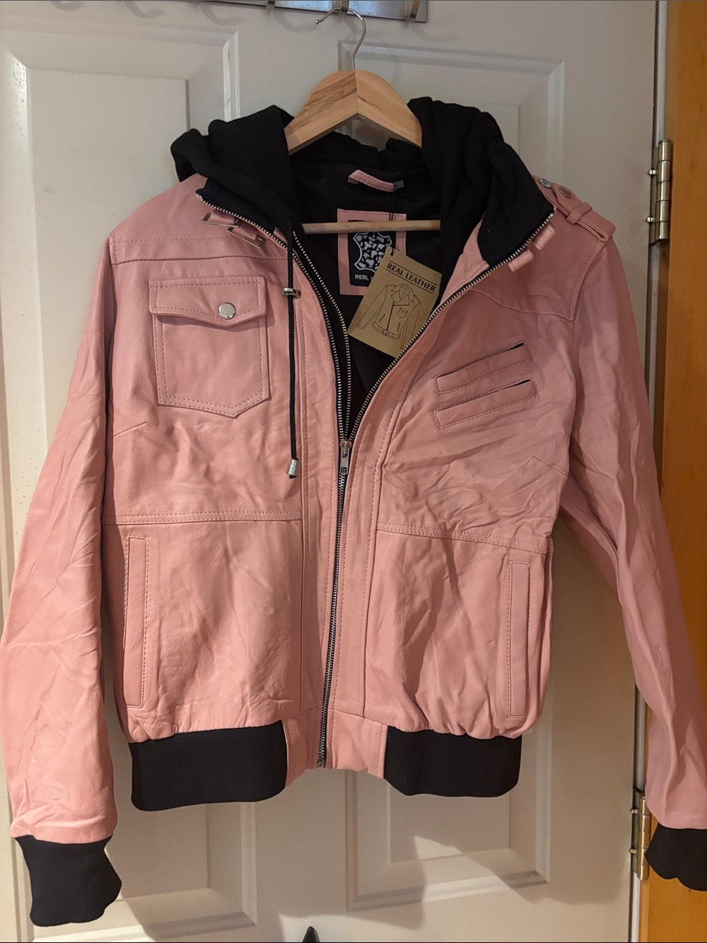 Woman’s Pink Leather Hooded Jacket